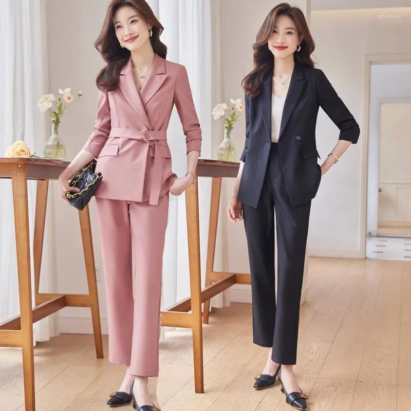 Kvinnors tvåbitar byxor rosa kostym Autumn 2023 Temperament Style Business Wear Formal Work Clothes Jacket