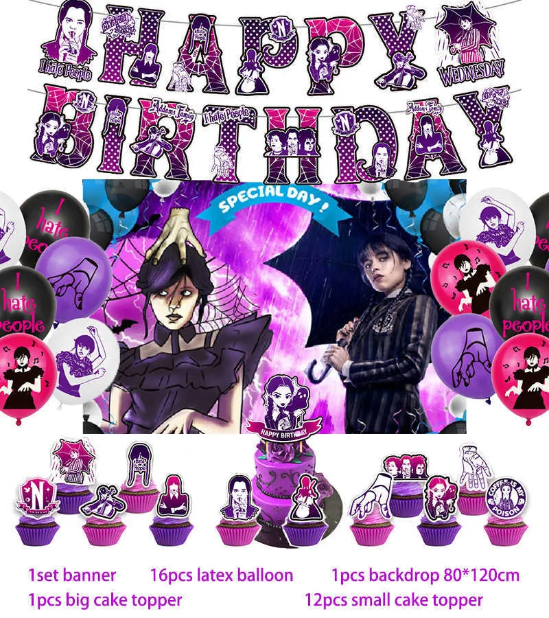 Wednesday Addams Theme Happy Birthday Balloons,Banner, Cake