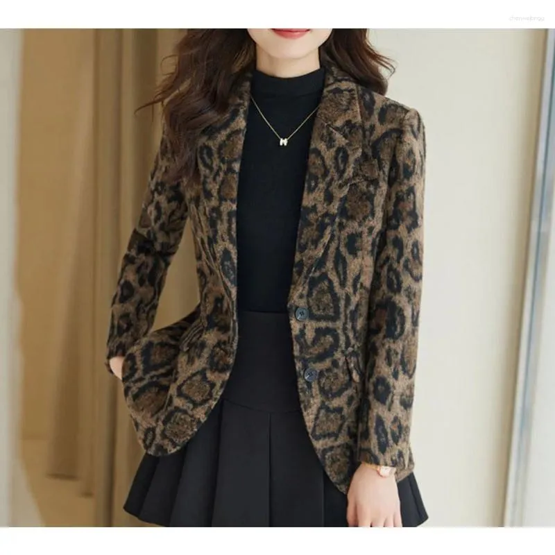 Women's Suits Tesco Leopard Print Wool Blazer Women Autumn Winter Full Sleeve Jacket Fashion Temperament Coat Female Slim Suit Mujer