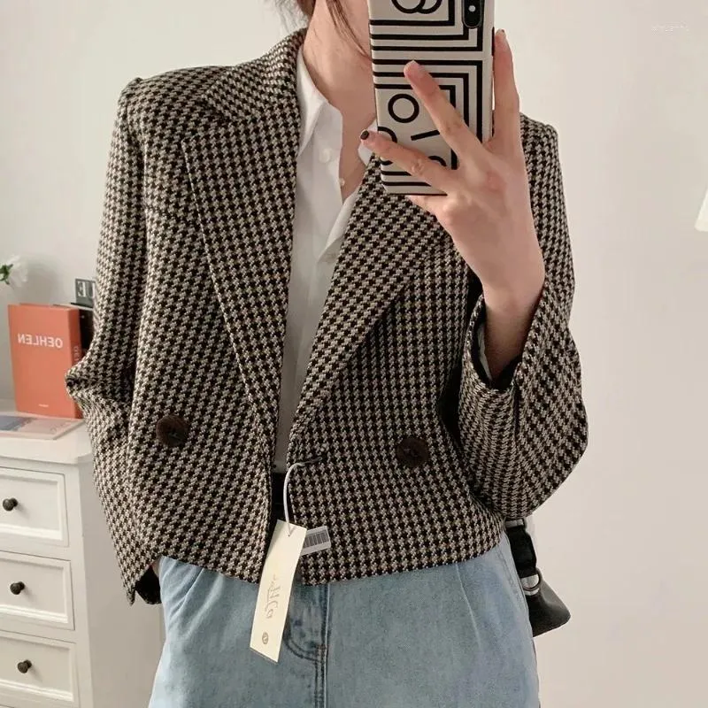 Costumes pour femmes Printemps Automne Vintage Plaid Crop Blazer Top Chic Élégant Bureau Vêtements Lady Streetwear Costume Veste Femmes Double Boutonnage