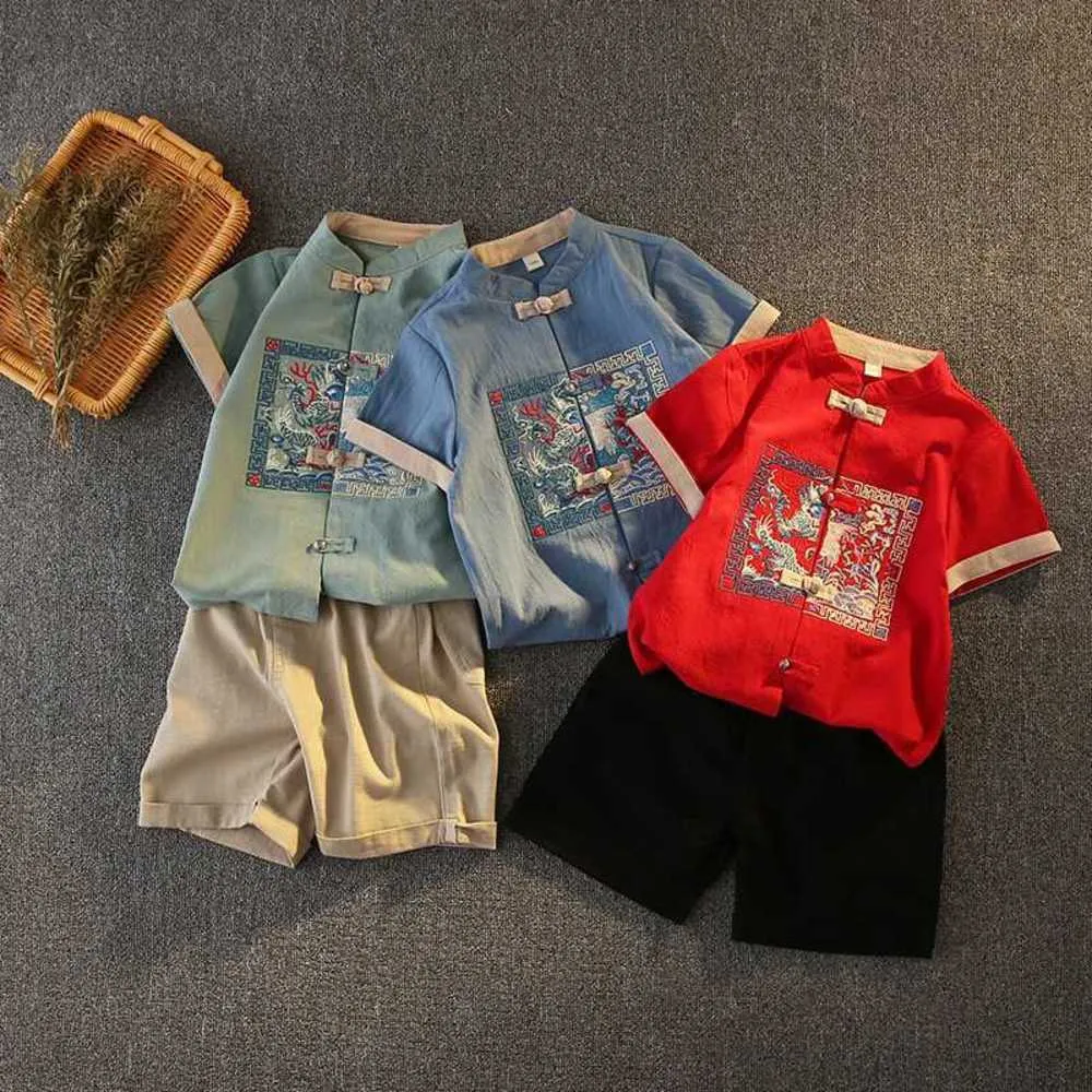 Kläder sätter pojkar Hanfu Summer Chinese Style Children's Tang Dress Short Sleeve Ancient Ethnic Two Piece Fashion