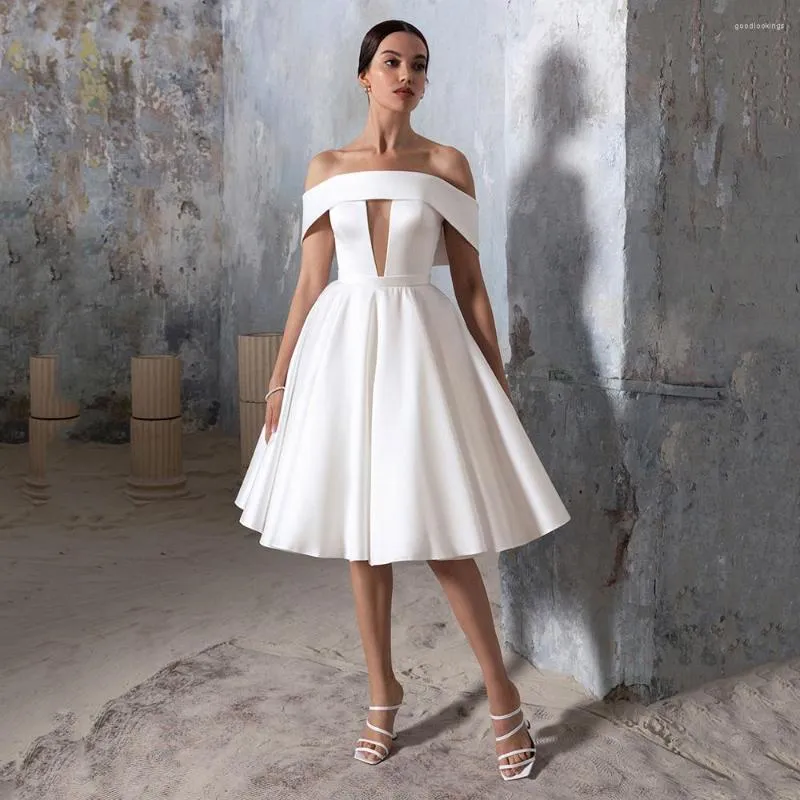 Ivory Satin Wedding Dress Off shoulder Short A line Reception Gown