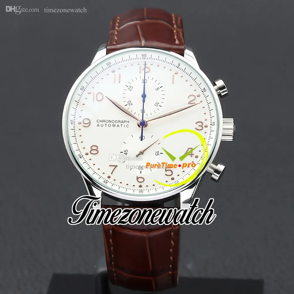 40.9mm Portugieser Chronographe Quartz Montre Homme 371445 371480 Montre Homme Cadran Blanc Acier Csse Bracelet Cuir Marron Chronomètre Nouvelles Montres Timezonewatch Z03a5