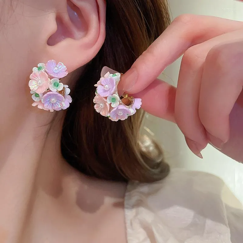 Hoop oorbellen roze paarse acryl fower clip-on voor vrouwen meisjes Koreaanse stijl parel kostuum sieraden schattig cadeau