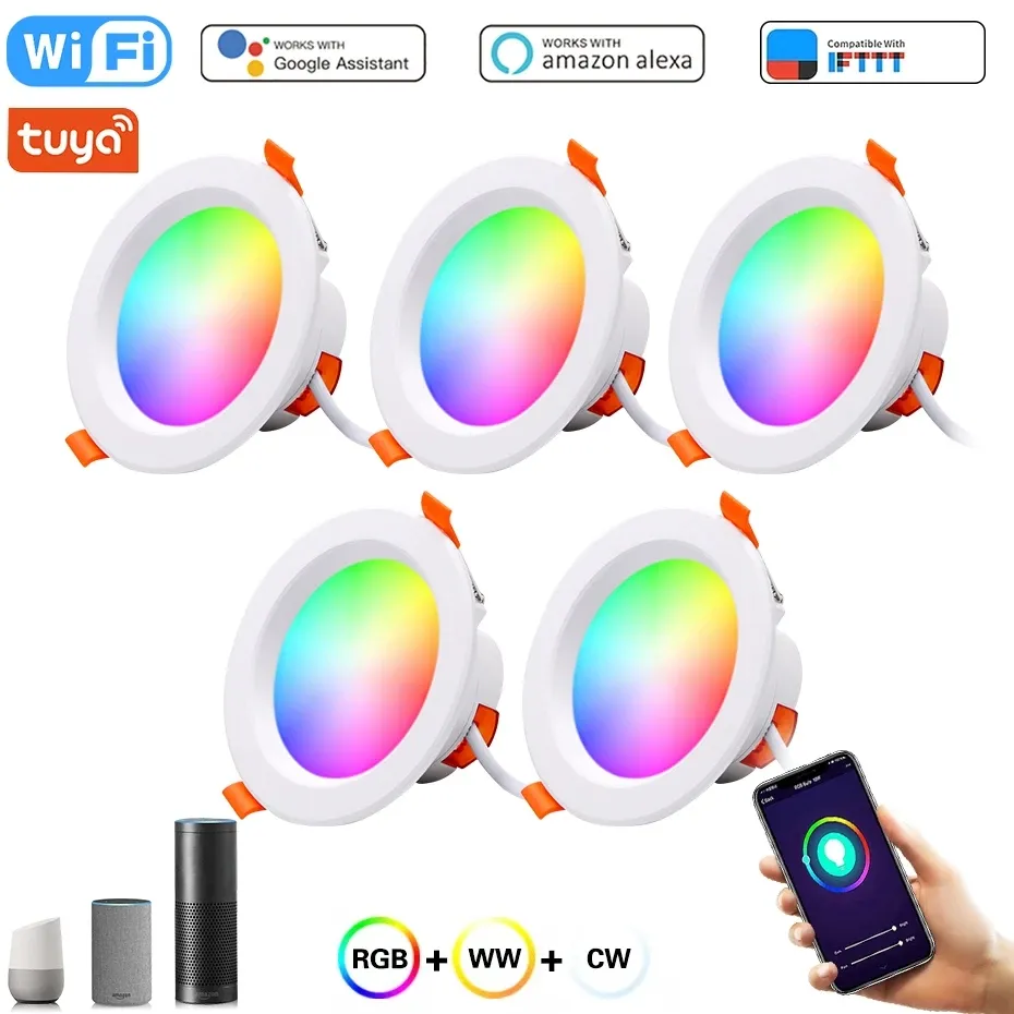 downlight led RGB WiFi TUYA Smart Life Dimming Spot Lampe Bluetooth 5W 7W 10W 15W Lumière chaude et froide colorée Fonctionne avec Alexa Google Home