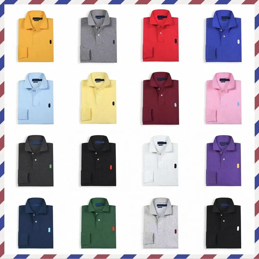 Polo skjorta långärmad mens polos ponny etikett ralphs broderi fast färg lapel bomull löst stor storlek laurens t-shirt a2y2#