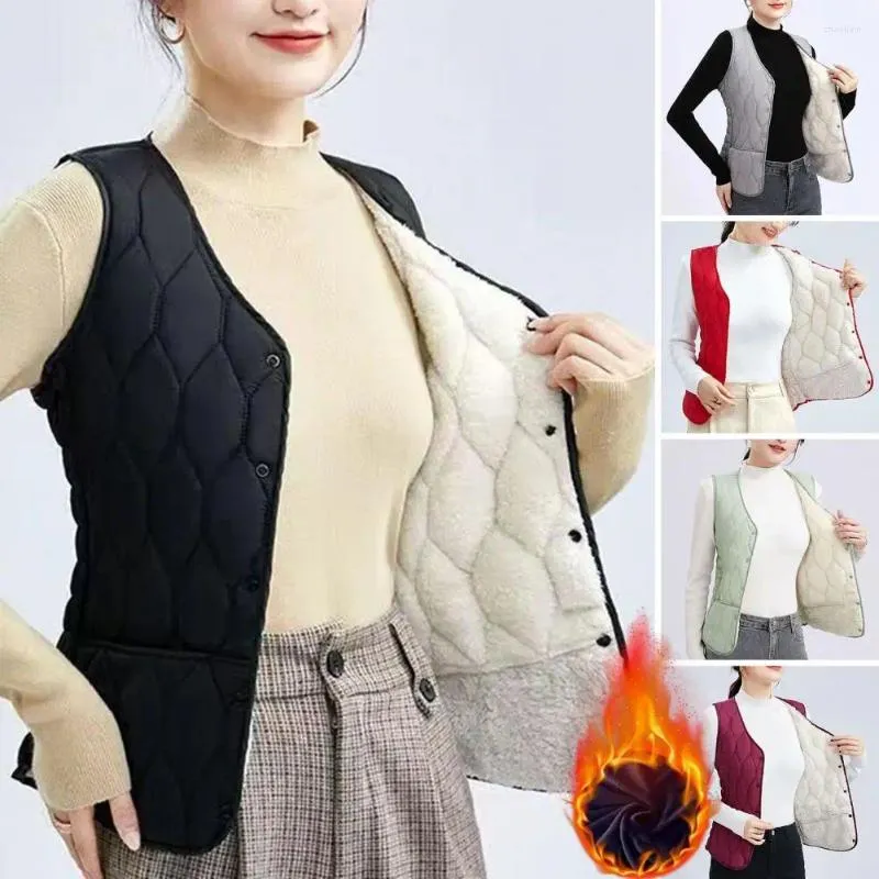 Kvinnors västar Kvinnor Autumn Winter Vest Coat ärmlös vadderad plysch varm jacka Vindtätad enbrett Cardigan Casual Waistcoat