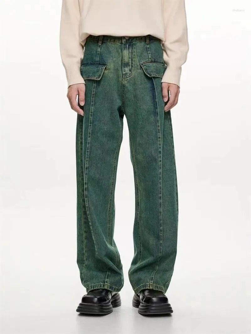 Mäns jeans 2023 Original Korean Loose Straight Wash Retro Green/Black Casual Pants High Quality Streetwear Trousers M-2XL