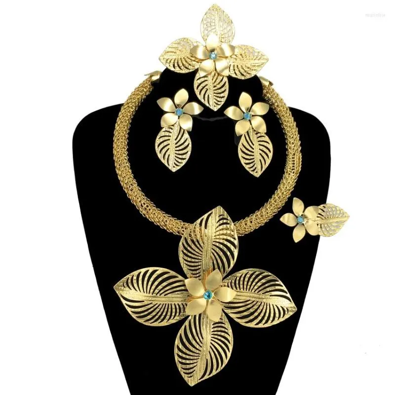 Ketting oorbellen set mooie dames dubai goud vergulde handgemaakte sieraden Braziliaanse nigeria usa big flower hangers banquet fhk14204