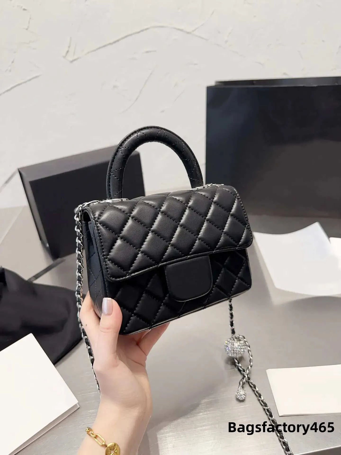 Mini Top Handle Handbag, Classic Diamond Quilted Square Fat Chain