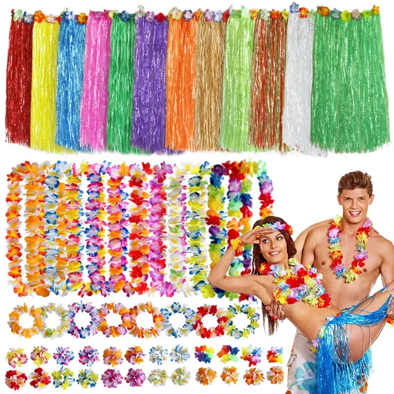 Verde floreale finto 40/60 pezzi Corona hawaiana Gonne hawaiane Ghirlande Braccialetti per collane artificiali Fiori Hawaii Primavera Festa Spiaggia Leis Bracciale 231123