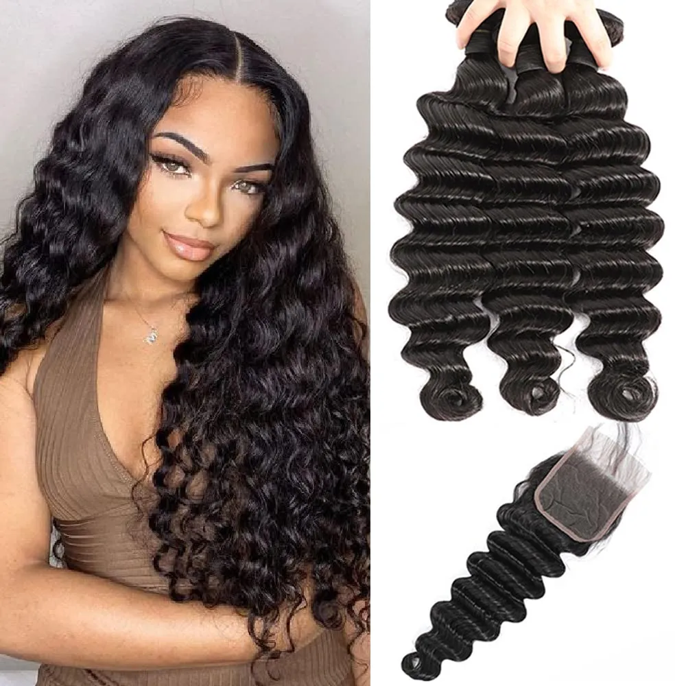 Cabelo Humano Brasileiro Onda Solta Profunda Pacotes com Fechamento Cabelo Virgem Solto Profundo Encaracolado 100% Cabelo Humano 3 Pacotes com Fechamento de Renda Cor Natural