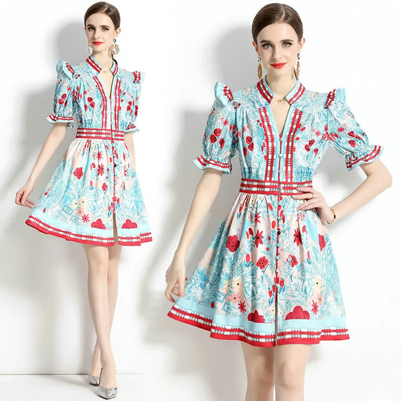 فتاة الفستان الزهور لبوتيك فساتين قصيرة الأكمام 2023 صيف طباعة فستان متطور أزياء فساتين الكشكش