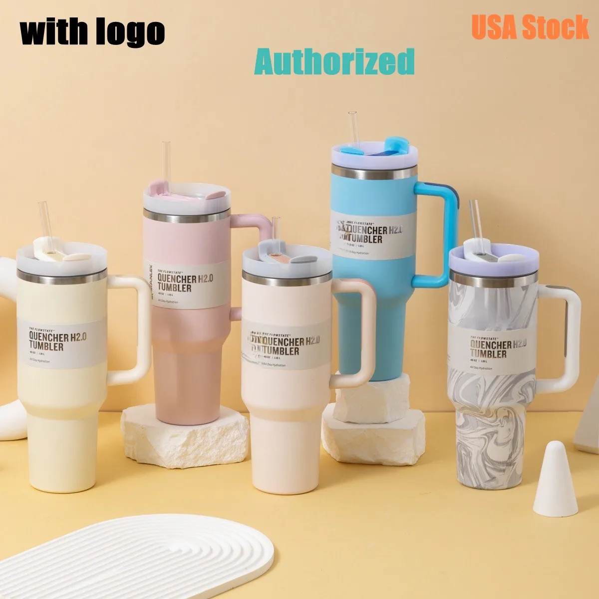 Quencher H2.0 40oz Stainless Steel Tumblers Cups With Silicone Handle Lid  And Straw 2nd Generation, US STOCK From Bestdeals, $4.64