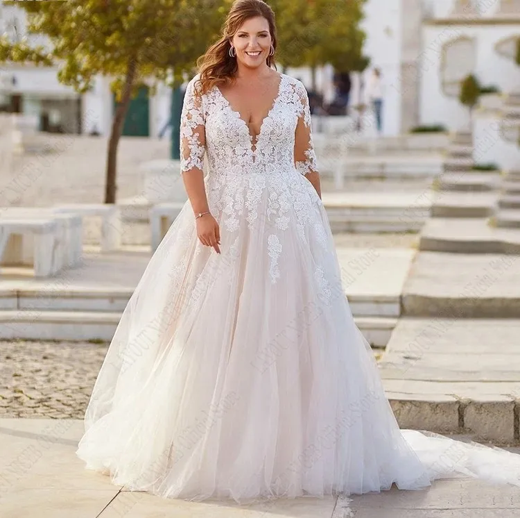 2024 Classic Lace-Up A Line Wedding Dress for Plus Size Women with Appliques and Half Sleeves