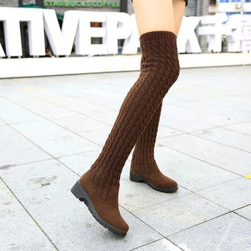 Boots Women's Boots Autumn Winter Thigh High Boots for Women Knitting Wool Long Boot Woman Brown Black Ladies botas de mujer 231123