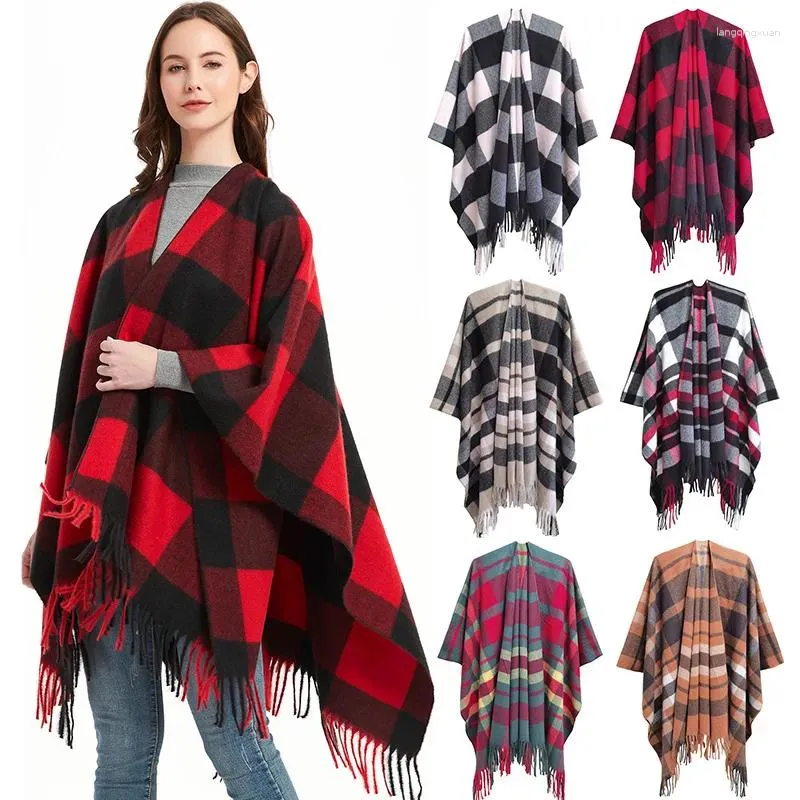 Écharpes automne chaud élégance écharpe pour femmes fente mode épaissi plaid châle femme style coréen décontracté gland hiver