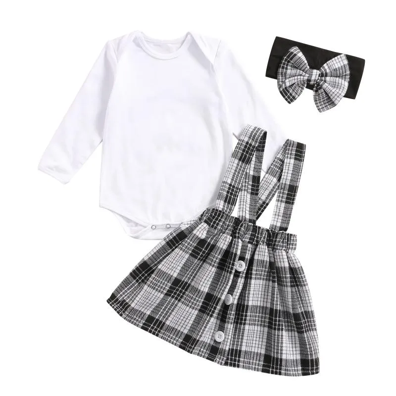 Clothing Sets 2023 0-24M Infant Baby Girl Clothes Set Wihte Solid Long Sleeve O Neck Romper Button Plaid Print Suspender Skirt Headband Fall