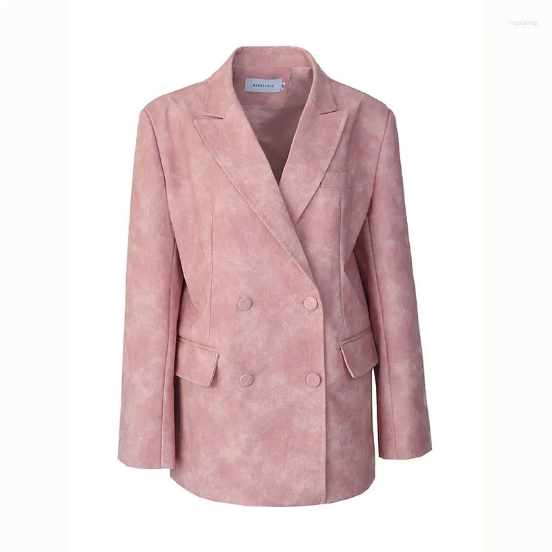 Veste de costume en Faux cuir rose pour femme, de haute qualité, décontractée, Double boutonnage, manches longues, printemps-automne, manteau pour femme