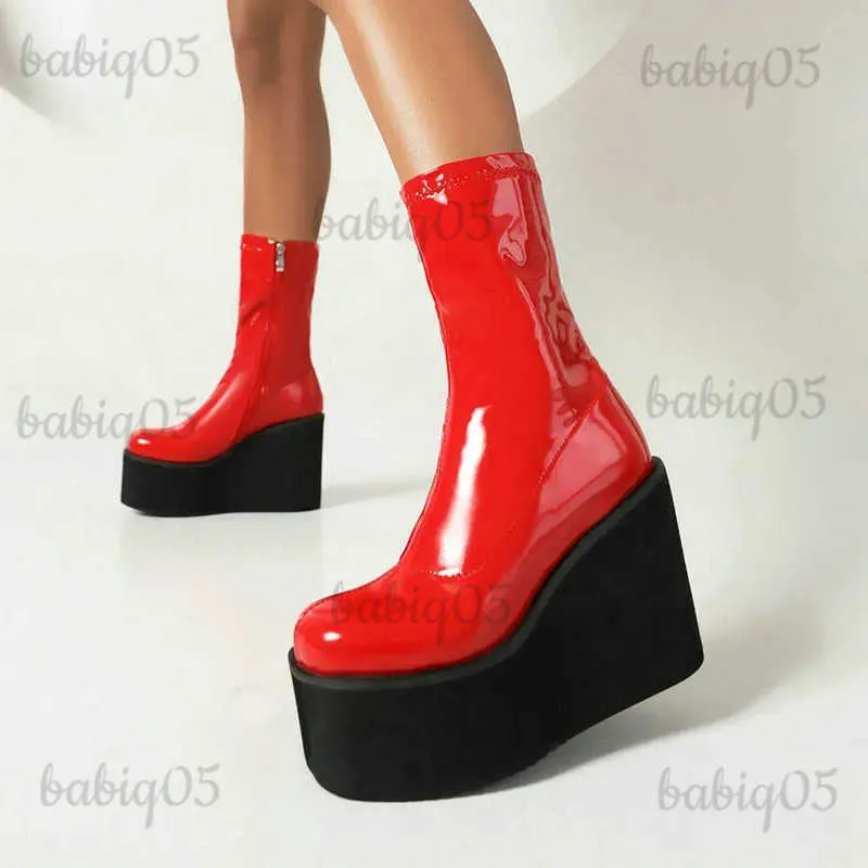 Boots Black Red White Women Ankle Boots Platform Wedges High Heel Ladies Short Boots Patent PU Leather Round Toe Zipper Women's Boots T231124