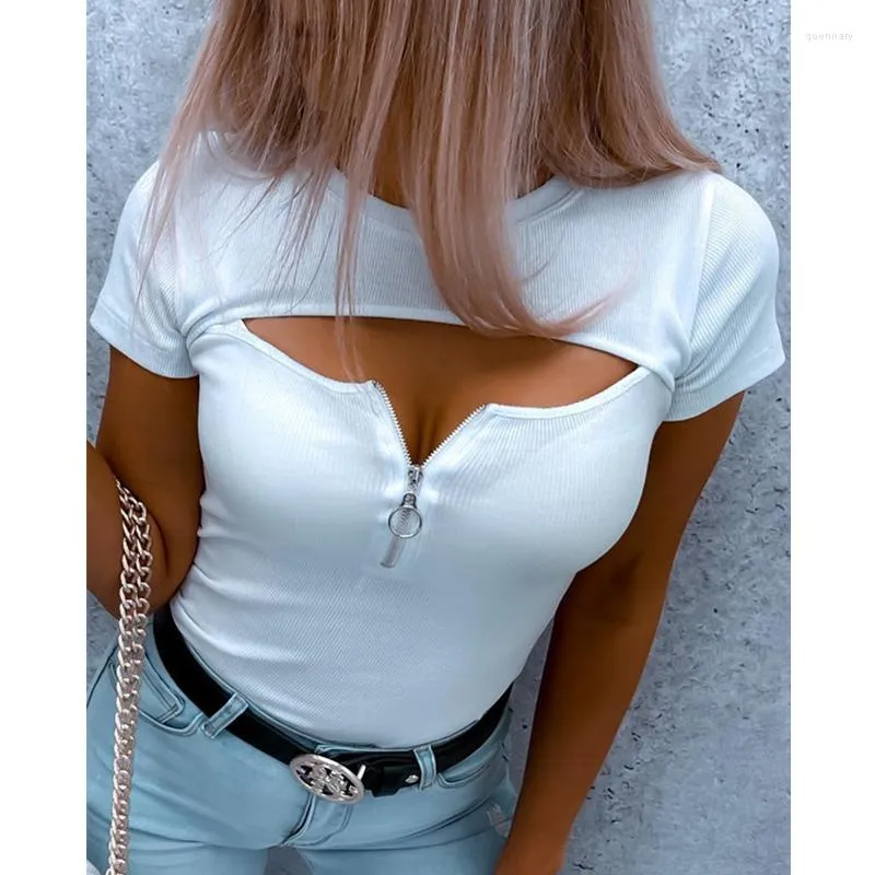 Women's T Shirts Women Elegant Fashion Zipper V Neck Short Sleeve Shirt Top Casual Skinny Slim Fit Corset T-shirt Streetwear