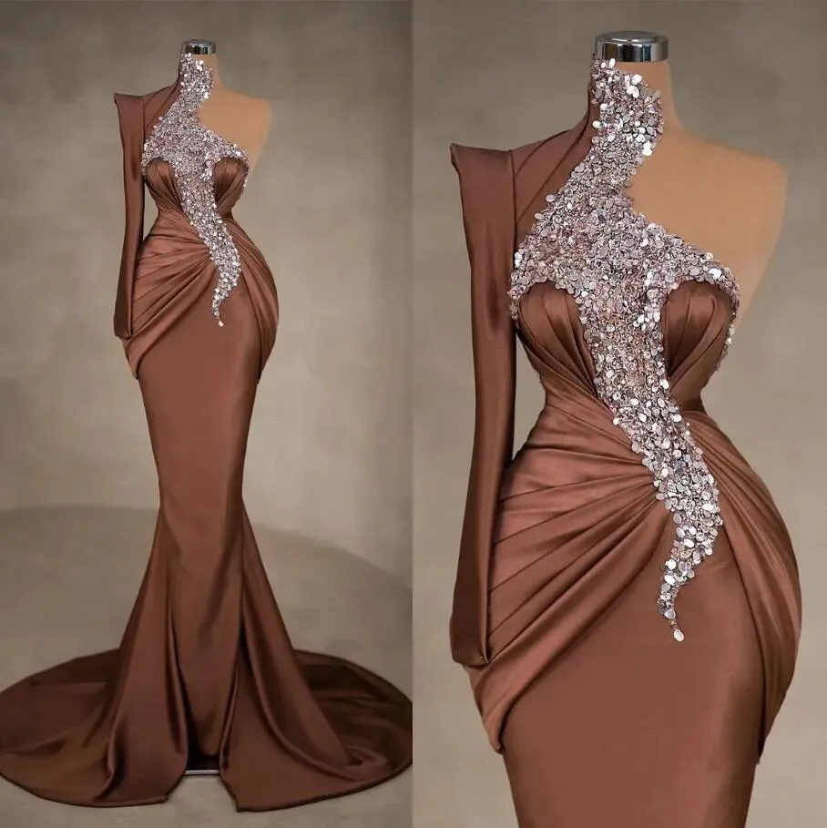 Sexy One Shoulder Mermaid Prom Dresses For Black Girl 2024 Sparkly Beaded Brown Satin Plus Size Evening Occasion Gown Vestidos De Novia