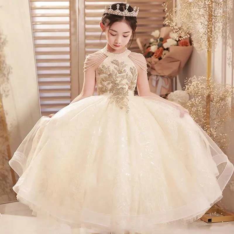 Girl Dresses Little Girls Birthday Party Gown Embroidery Beading Halter Elegant Evening Dress Teen Concert Performance Christmas