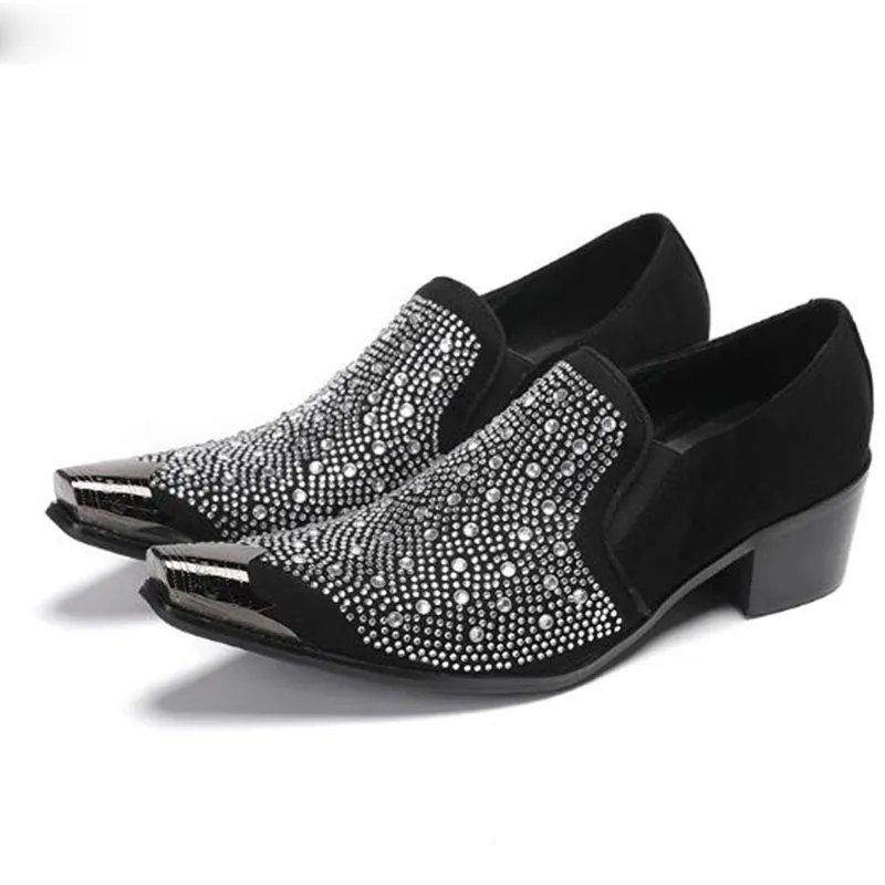 Zapatos de vestir de cuero genuino con punta de Metal puntiagudo, zapatos de tacón de 6cm para hombre, zapatos de hombre con diamantes de imitación negros para negocios, fiesta/boda