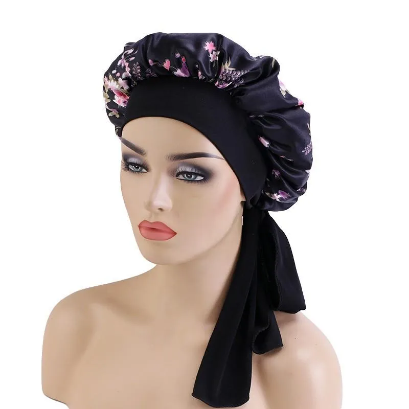 Beanies Beanie/Skull Caps Floral Satin Bonnet Elastic Head Wrap Night Hats BEHAKBAAR Gedrukte slaapdop met lintbrede zijdespaarhaar