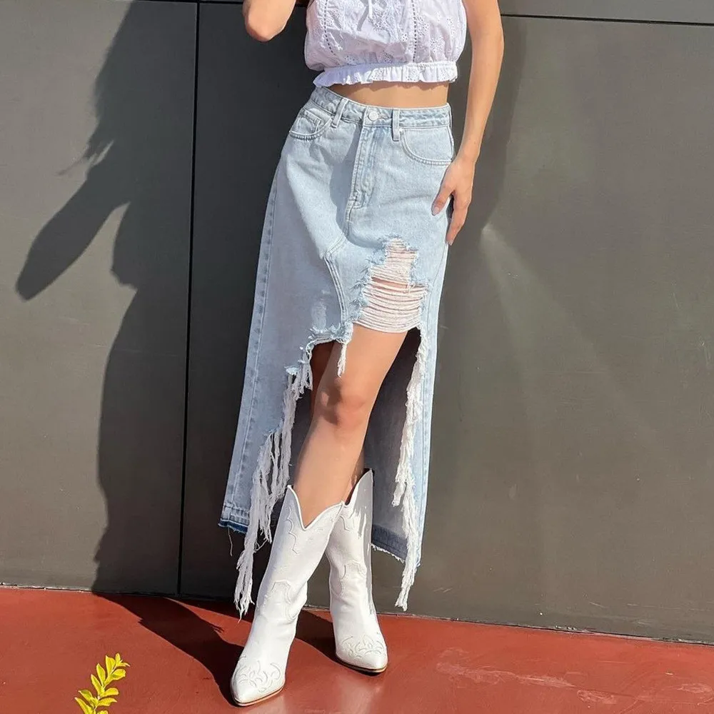 Long denim ripped skirt hotsell