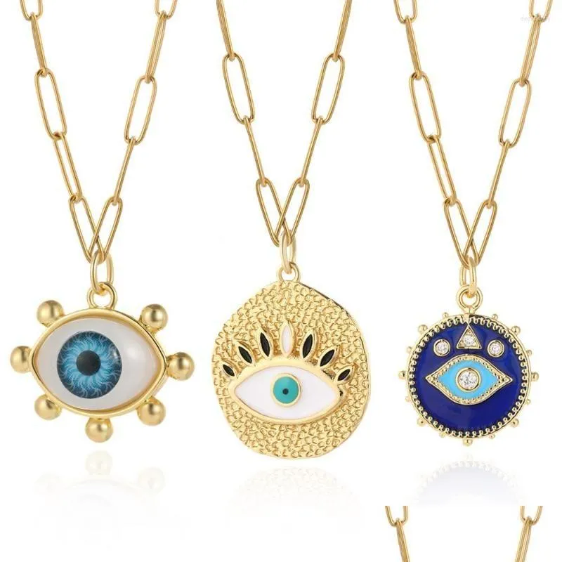 Jewelry Pendant Necklaces Greek Evil Blue Eye Necklace For Women Gold Color Turkish Womans Punk Long Chains Stainless Steel Link Col Dhnby