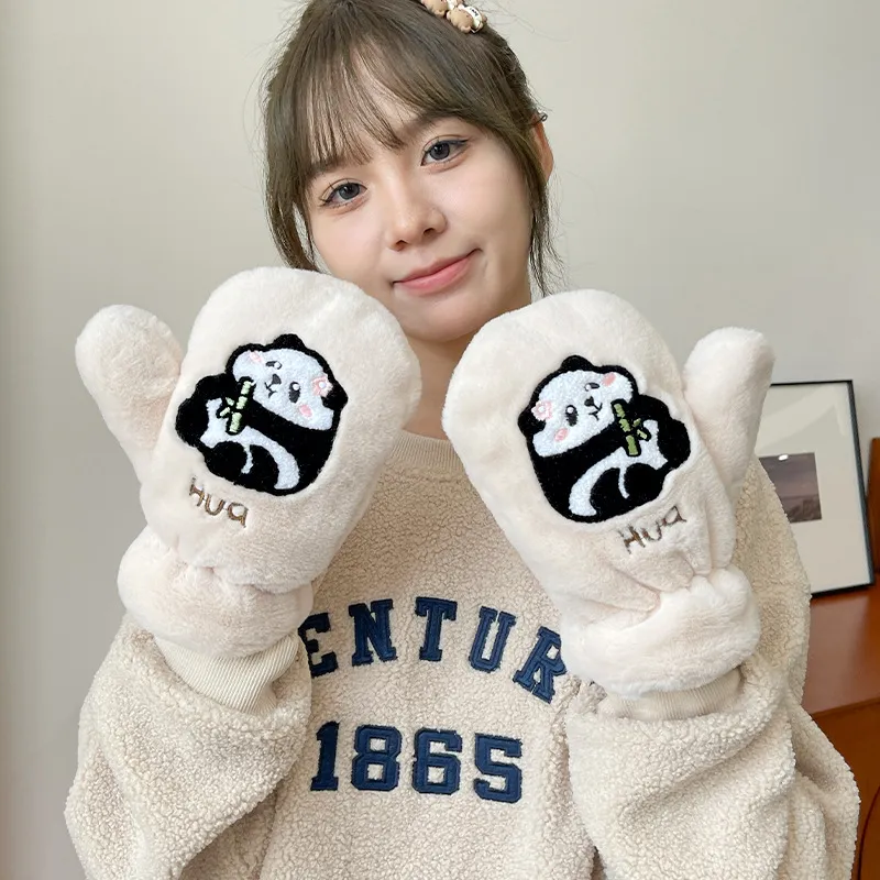 2023 Autumn and Winter New Student Cartoon Cute Panda Mittens Winter Zima z wełną zagęszczone ciepłe rękawiczki do włosów królika