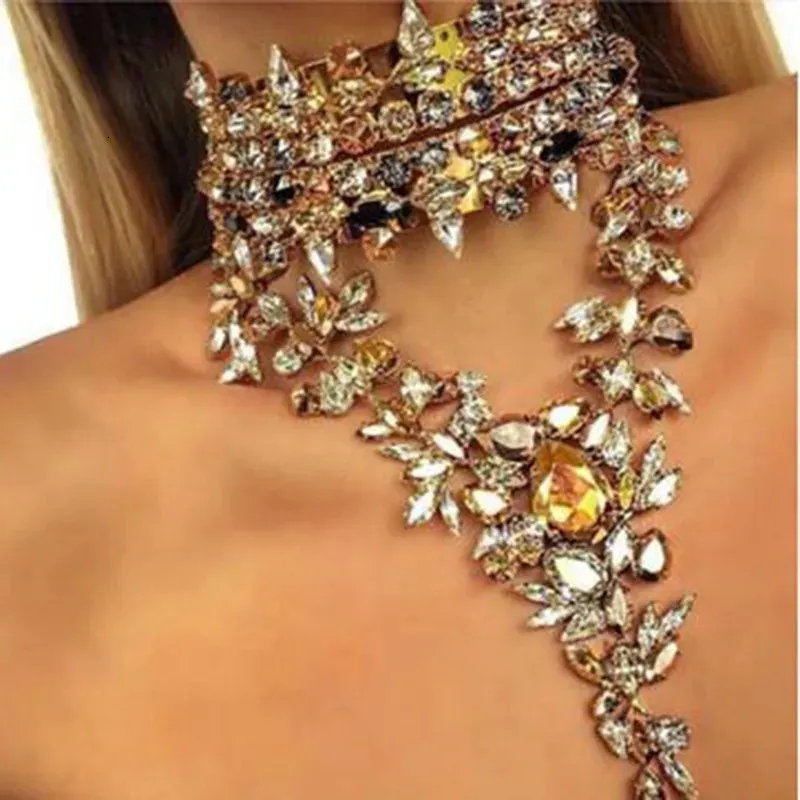 Chokers ZA Fashion Champagne Crystal Rhinestone Choker Halsband Kvinnor Maxi Långt uttalande hänge halsband Indiska charm smycken 231124
