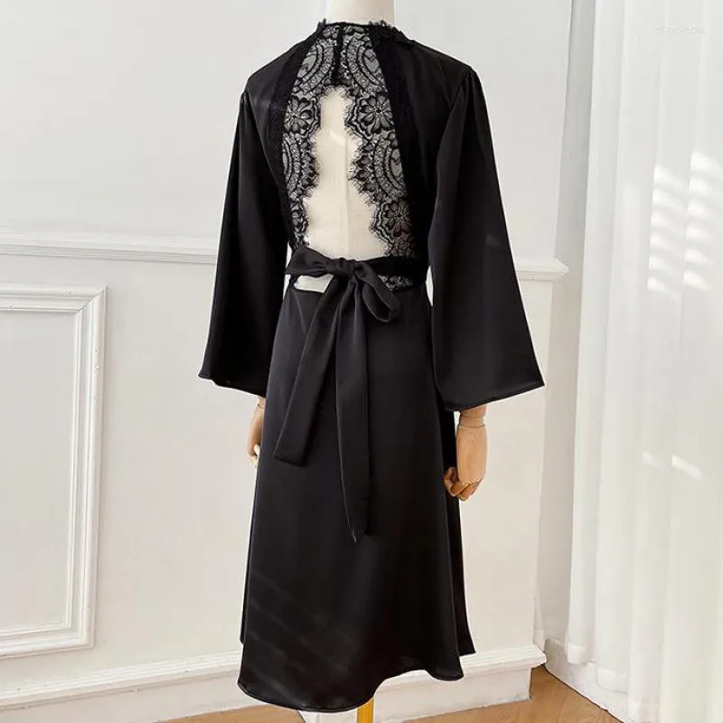 Женская одежда для сна атласные кимоно халат женщины сексуальная без спинка ночная одежда V-образной домашней одежду для дома для дома Длинная кружевная ночная рубашка интимное нижнее белье
