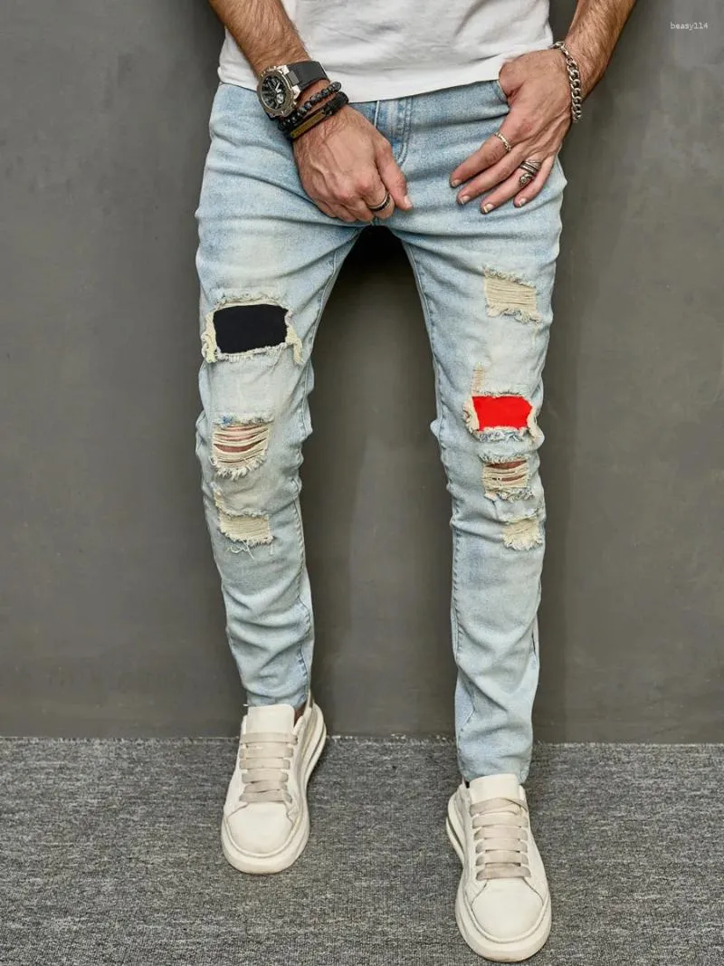 Jeans masculinos homens tendência casual rasgado magro ajuste estiramento calças destruídas buraco denim de alta qualidade hip hop elástico masculino calças azuis