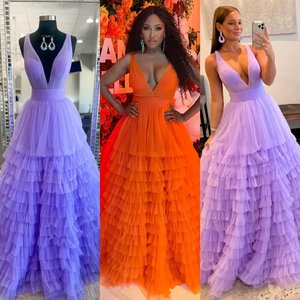 Robe de soirée formelle d'hiver orange 2k24 volants superposés en tulle préadolescente dame concours de bal soirée événement Hoco Gala remise des diplômes robe de danse plongeante col en V lilas