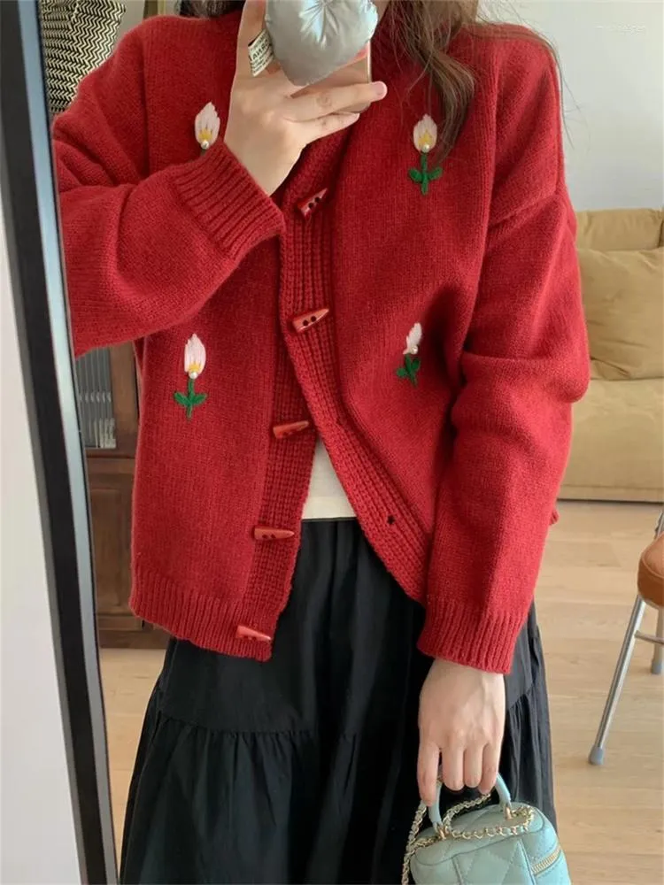 Women's Knits Hsa Cherry Sweater Checked Long Sleeve O Neck Knitted Cardigan 2023 Autumn Cropped Cardigans Women 3D Floral Tops