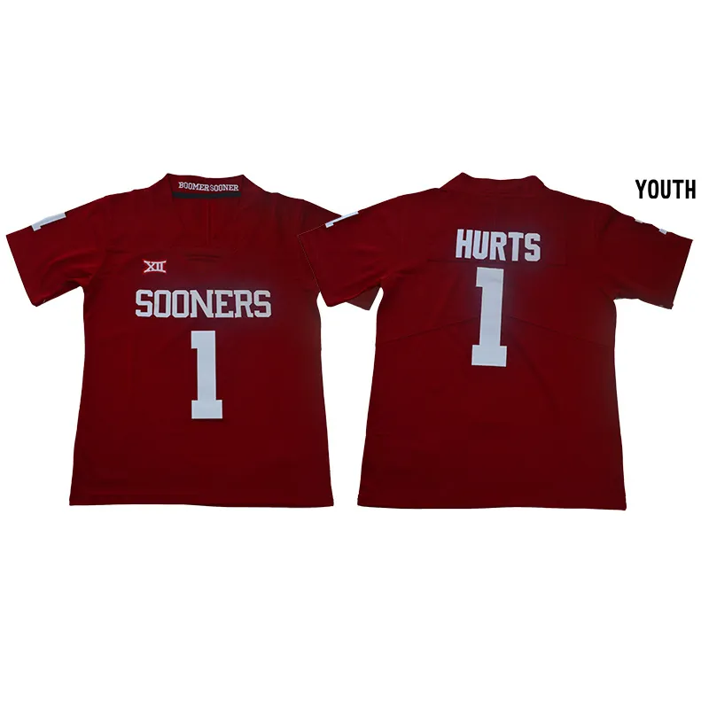 Młodzież nr 1 Jalen Hurts Custom College Sooners Jerseys Red Kids Boys Size Dostosowanie amerykańskiej piłki nożnej zszywane koszulki