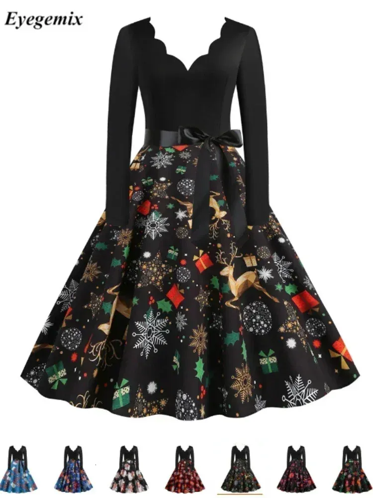 Basic Casual Dresses Print Christmas Costumes for Women Long Sleeve 50s 60s Housewife Evening Party Prom Dress Elegant Christmas Cosplay Costumes 231123