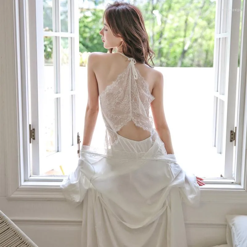 Kvinnors sömnkläder sexig lapptäcke spetsar rygglös suspender nattklänning vit lång bröllop tvilling mantel set sommar satin badrock hemklänning