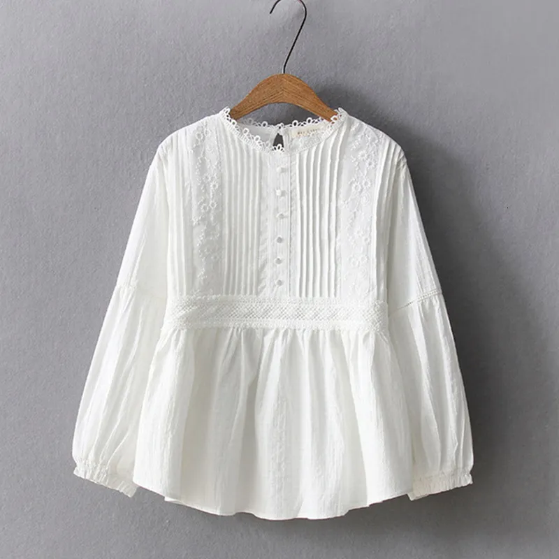 Chemisiers femme Chemises printemps été Mori fille chemise décontractée femmes solide blanc à manches longues coton broderie femme élégant hauts dames Blouses U185 230424