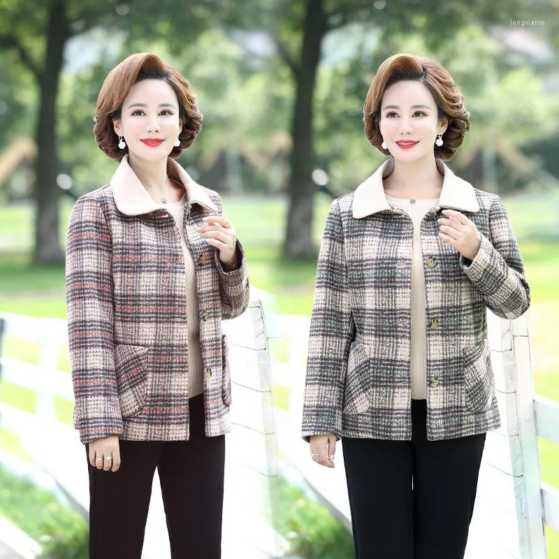 Damesjassen herfst winter plaid jas dames wollen blend jas van middelbare leeftijd moeder casual revers bovenkleding tops 5xl