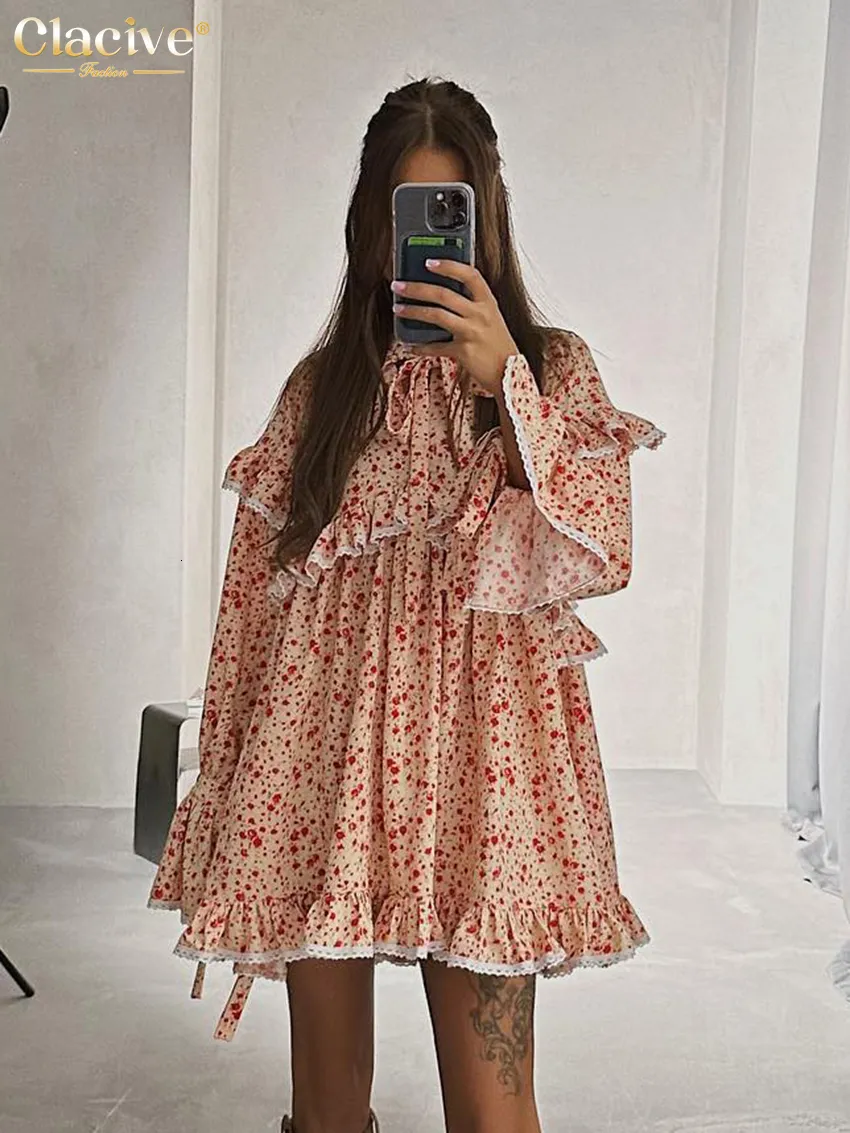 Casual Dresses Clacive Elegant Chic Print WomenS Fashion Stand Collar Long Sleeve Mini Vintage Ruffle Spliced Female 230424