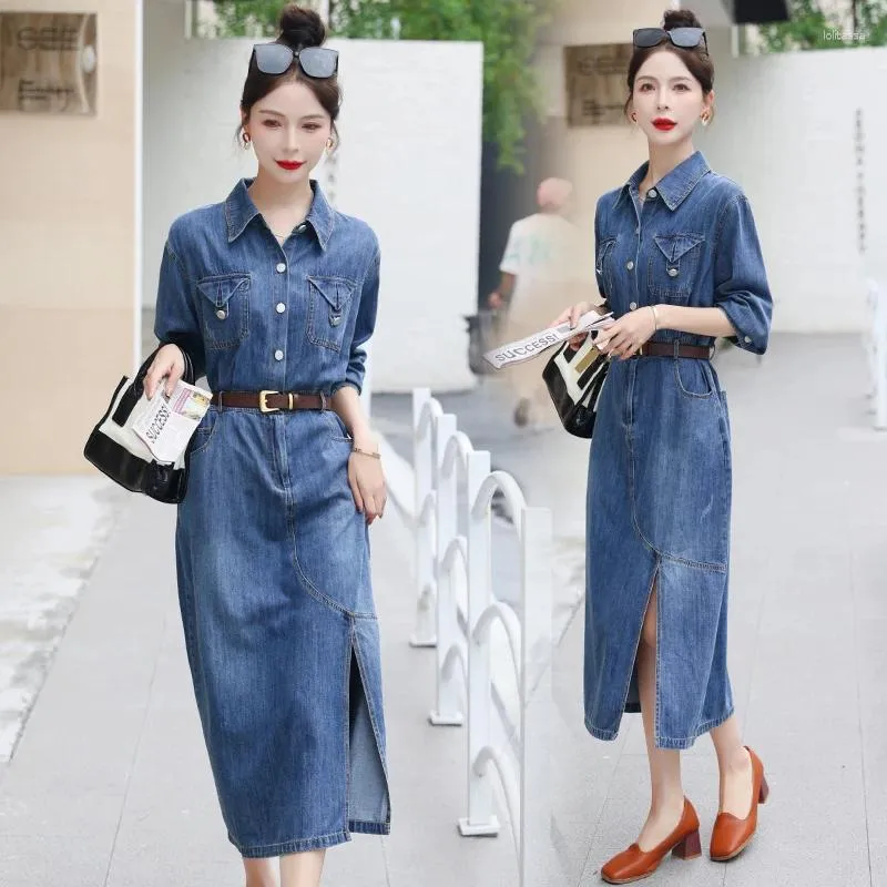 Casual Dresses Vintage Denim Women's 2023 Slim Clothing Solid Long Sleeve A-Line Empire Spring/Summer Fashion Split Women Dress