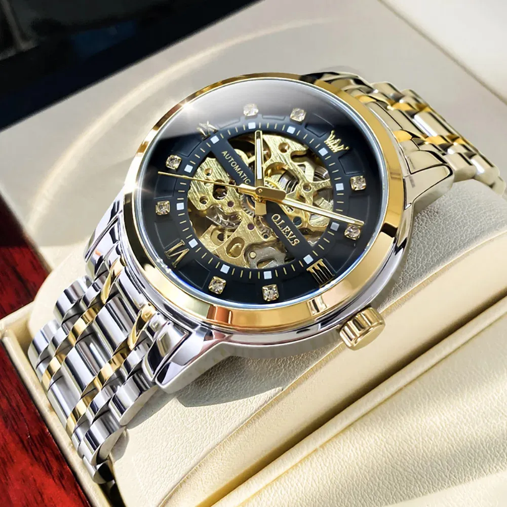 Other Watches OLEVS Skeleton Watch Men Waterproof Luminous Casual Automatic Mechanical Watche Sports Black Steel Wristwatch Reloj Hombre 231123