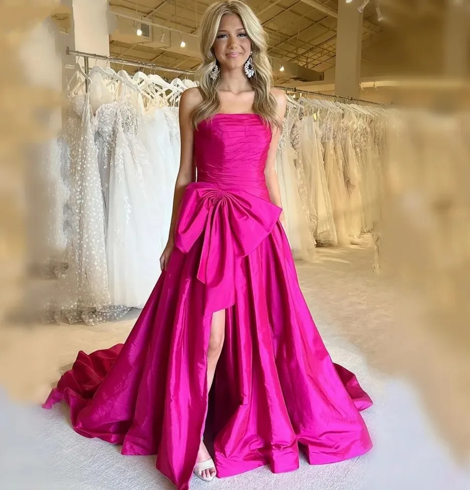 Elegante fucsia abito da spettacolo da sera 2024 senza spalline spacco laterale fiocco in vita taffettà donne prom abiti da festa formale Robe De Soiree