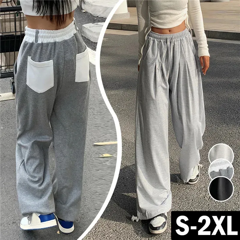 Damenhose Jogginghose Grau Weites Bein Harajuku Retro Gerade Hose Große Tasche Patchwork Sport Übergroße Hip Hop Joggers 231123