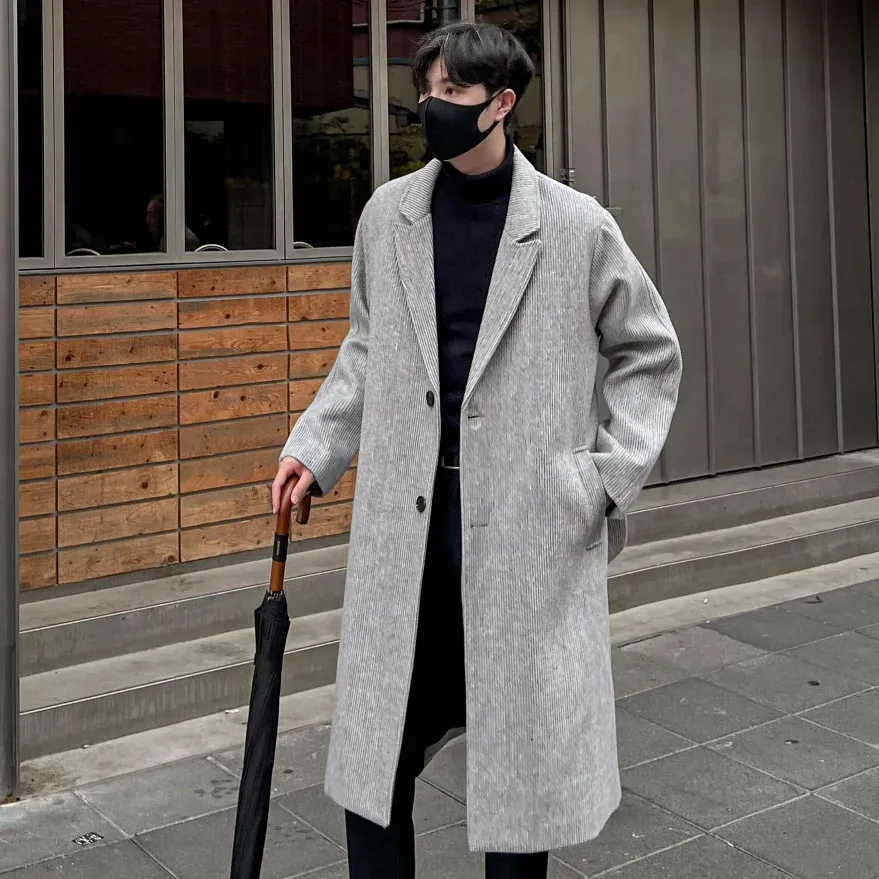Herr ull blandar koreanska trend herrgravpar Lossa avslappnad överrock Autumn Winter Fashion Single-Breasted Woolen Long Coat 231123