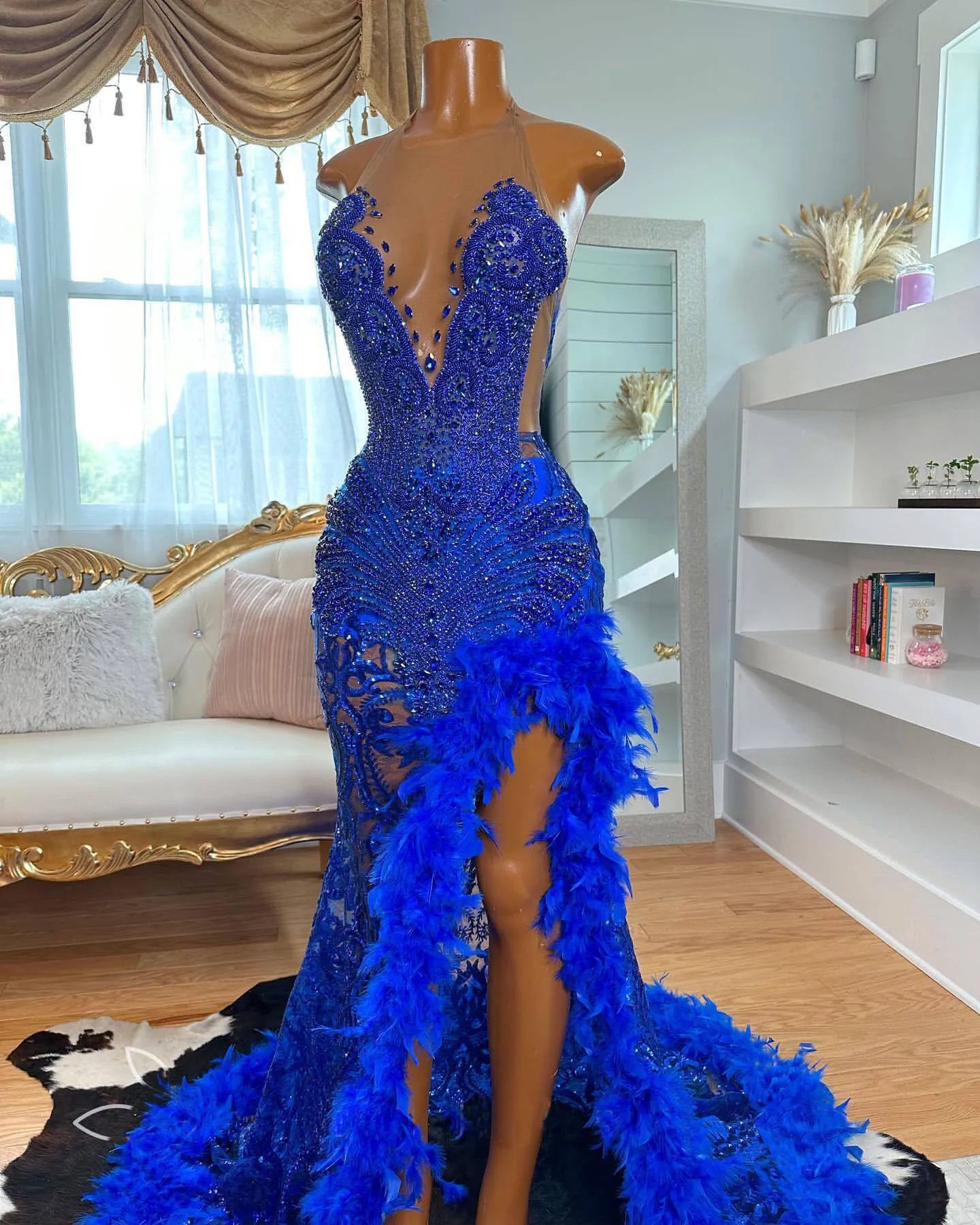 Robes De bal bleues De luxe pour filles noires, avec plumes, col licou, perles en cristal, robes De soirée De Gala, robes d'anniversaire