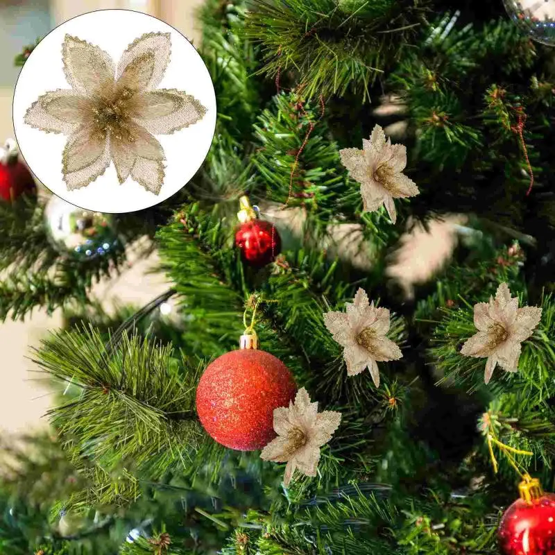 Dekorativa blommor 24st Artificial Poinsettia Flower Christmas Glitter Decoration Diy Wreath Wedding Tree Ornament (